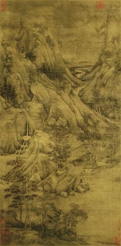 董源 《溪岸圖》 絹本設(shè)色 221.5×110厘米 美國紐約大都會(huì)博物館藏
