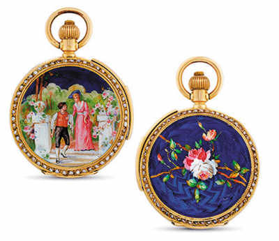 Invicta, 18K金及琺瑯鑲珍珠獵殼懷表，配三問功能，約1890年制，在香港佳士得2013年春拍中以18.75萬港元（約合人民幣15萬元）成交。