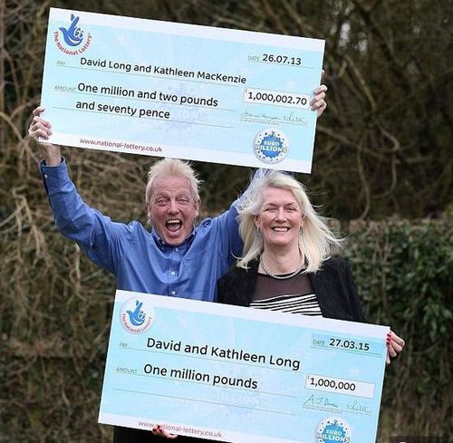 英國幸運夫婦戴維和凱斯琳-隆恩(David 與Kathleen Long)近日購買彩票贏得100萬英鎊(約合918萬元人民幣)的大獎，而他們剛剛在兩年前中了同樣金額的大獎，幾率僅為2830億分之一。圖片來源：美聯(lián)社。