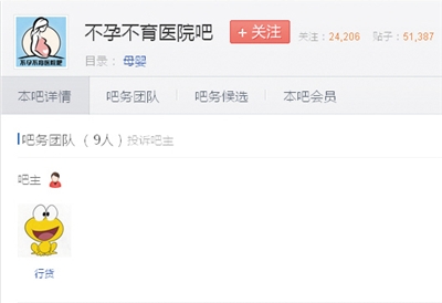 高血壓吧的吧主與不孕不育醫(yī)院吧的吧主同為一個叫“行貨”的ID。 貼吧截圖