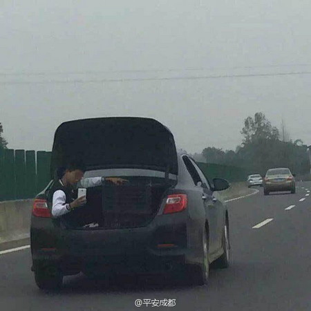 小伙坐后備箱悠閑玩手機