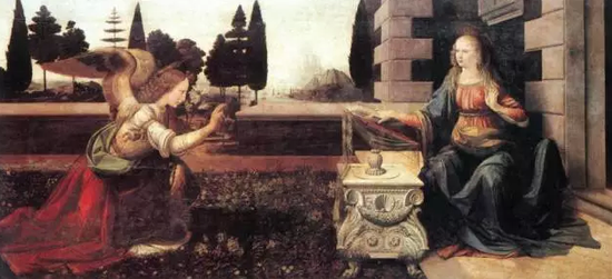 達(dá)·芬奇，《天使報(bào)喜》（1475）。李?yuàn)W納多·迪卡普里奧的母親就是在這張畫前為決定為兒子取名為李?yuàn)W納多  　　圖片：virtualuffizi.com