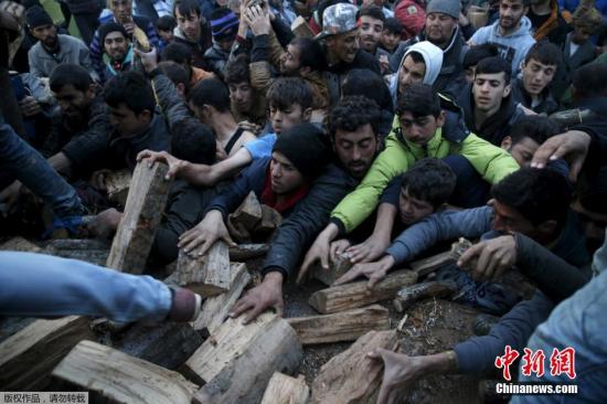 當?shù)貢r間2016年3月6日，希臘Idomeni，滯留希臘與馬其頓邊境的移民蜂擁爭搶木柴。