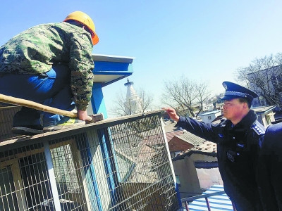 北京西城城管拆除白塔寺附近房頂違建鴿子棚（圖）