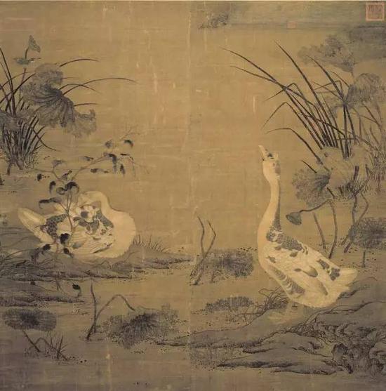 《秋塘雙雁圖》 北宋 佚名  絹本設(shè)色，170×167cm，
臺(tái)北故宮藏
