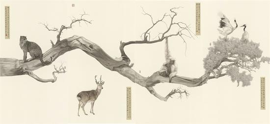 　　《望春風(fēng)-鶴：培風(fēng)；豹：寓言；鹿：瞻爾；猴：負(fù)舟》 128×276厘米×4 紙本設(shè)色 秦艾 2016年