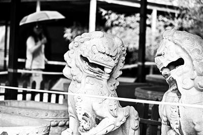 北京青年報(bào)記者昨日在圓明園流散文物展上看到，左側(cè)的石獅子口中僅剩一顆石球 