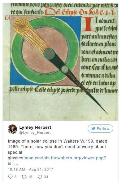 “看，這是1489年在Walters W.199日全食的照片?？催@張照片的時候，你不用帶特殊的眼鏡噢！”。圖片：Lynley Herbert的Instagram