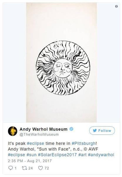 “匹茲堡的日食時間到了！安迪·沃霍爾，《Sun with Face》，n.d。”。圖片：Andy Warhol Museum的Instagram