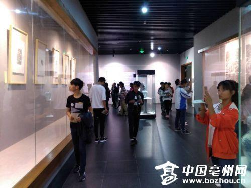 蒙城縣博物館拓片展現(xiàn)場(chǎng)，學(xué)生正在參觀。