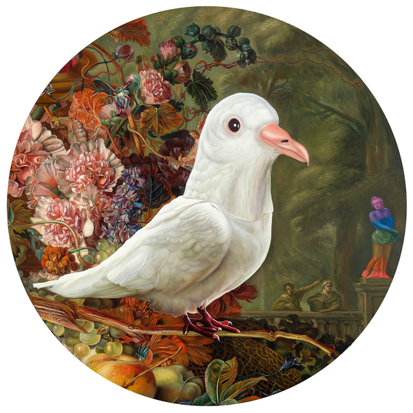 Carollyne Yardley，Holy Spirit Wears a Dove Mask，oil on panel ，91.5x91.5cm ，2016 卡羅琳·亞德利 《圣靈帶著鴿子的面具》 油畫  91.5x91.5cm