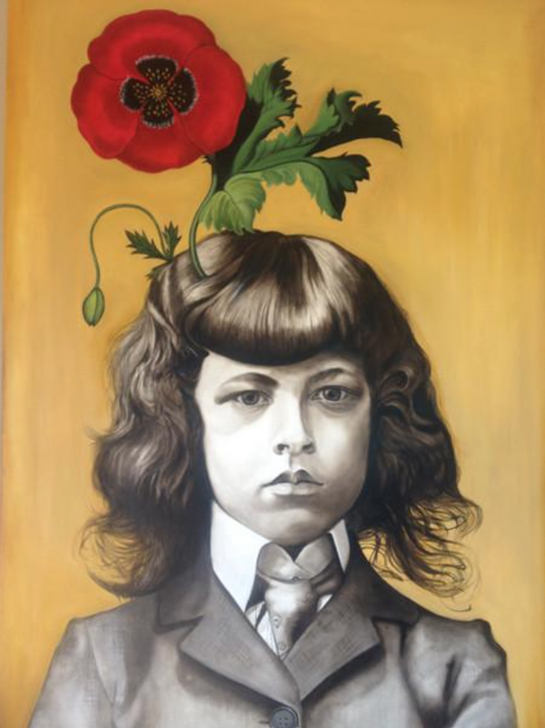 Marianna Gartner ，Boy with flowers for brains 3， Oil on canvas， 183x122cm ，2017瑪麗安娜·加特納 《男孩與花3》油畫 183x122cm 2017