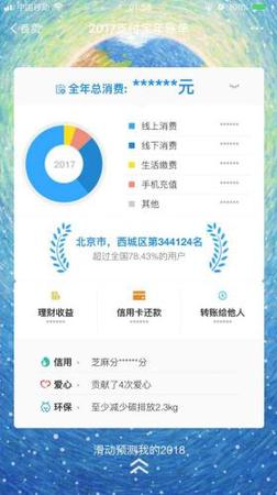2017支付寶年賬單總覽頁(yè)面，包含線上消費(fèi)、線下消費(fèi)等項(xiàng)目。