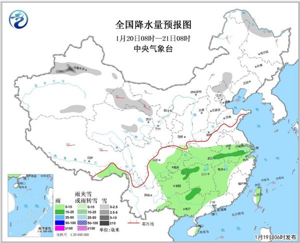 圖3全國降水量預(yù)報(bào)圖（20日08時(shí)-21日08時(shí)）