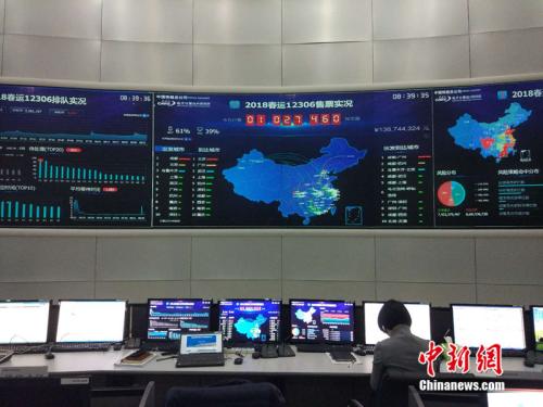 2月2日，<a target='_blank' href='http://www.chinanews.com/' >中新網(wǎng)</a>記者探訪鐵路票務(wù)中心。大屏幕上顯示2018春運(yùn)12306售票實(shí)況。<a target='_blank' href='http://www.chinanews.com/' >中新網(wǎng)</a> 李金磊 攝