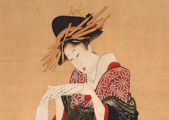 《藝妓讀信》局部，喜多川歌麿  (?-1806)，彩色木刻版畫，約1805—1806年