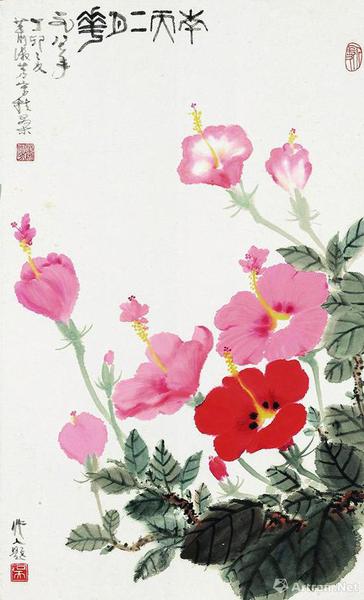 蕭淑芳吳作人1987年合作《南天二月花》，成交價33.35萬元，北京保利2018春拍