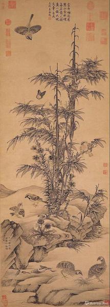 王淵，《竹雀圖》軸，元，紙本水墨，139.3×49.9厘米，日本大阪市立美術館藏