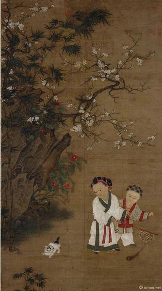 宋人《冬日嬰戲圖》絹本設(shè)色縱196.2cm，橫107.1cm，現(xiàn)藏臺北故宮博物院