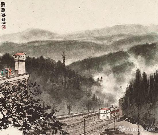 拍品編號1283傅抱石《西那亞又一景》 設(shè)色紙本 鏡框 48.5 x 56.5 cm。
