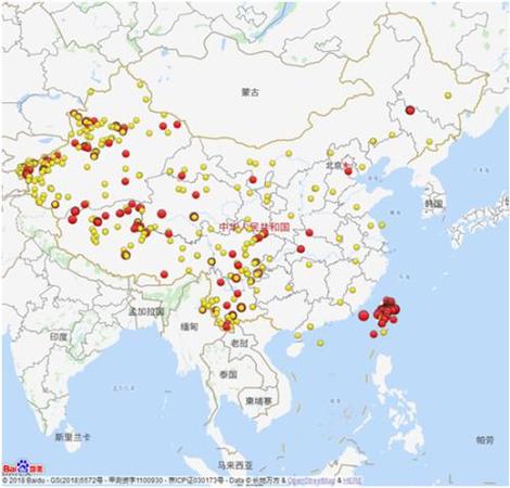 2018年全國3級及以上地震分布圖(四級以上紅色標注)。圖片來源：中國地震臺網(wǎng)微信公眾號