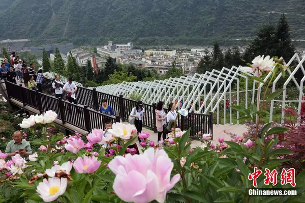 2018年4月30日，汶川青山綠水鮮花盛開，吸引游客觀光。 中新社記者 任海霞 攝