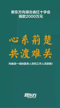 行動(dòng)五-全國(guó)政協(xié)委員、民盟中央常委、民盟海淀區(qū)委盟員俞敏洪所在企業(yè)新東方教育集團(tuán)向湖北省紅十字會(huì)捐款2000萬(wàn)元。