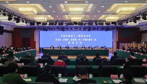 廣西壯族自治區(qū)政協(xié)十二屆四次會議農(nóng)業(yè)界、婦聯(lián)界、教育界一組、少數(shù)民族界二組聯(lián)組討論會場。 覃文宇攝