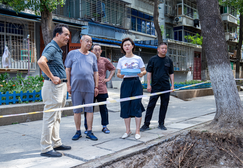 王小雨（右二）與政協(xié)委員、居民代表就小區(qū)管道安裝事宜現(xiàn)場(chǎng)協(xié)商。 （圖片由受訪者提供）