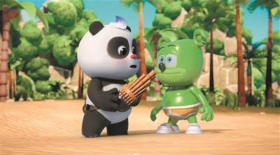 動(dòng)畫(huà)《熊貓和甘米熊》畫(huà)面，掃描二維碼可觀看動(dòng)畫(huà)片段。