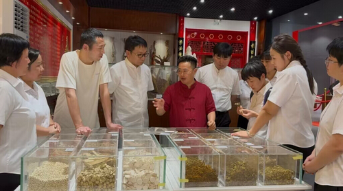 陳井太在四方中醫(yī)藥文化搏物館，向弟子講解中藥材鑒別方法。