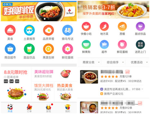 餓了么(左)與美團訂餐APP界面。